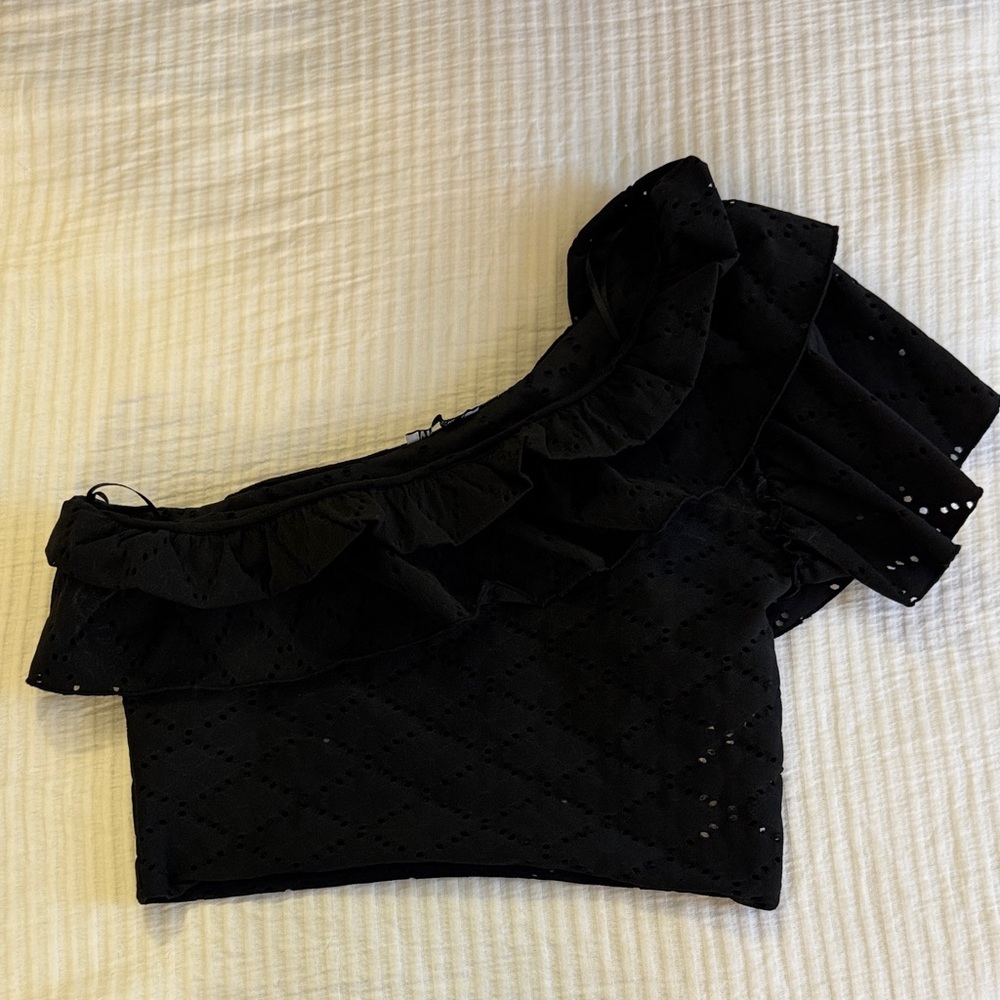 Zara Black Eyelet One-Shoulder Crop Top with Ruffle Detail